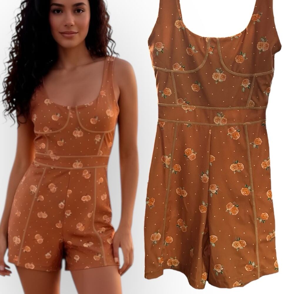 WeWoreWhat NWT Corset Bodysuit Poka Dot Floral Tan Orange Rose Size Small
